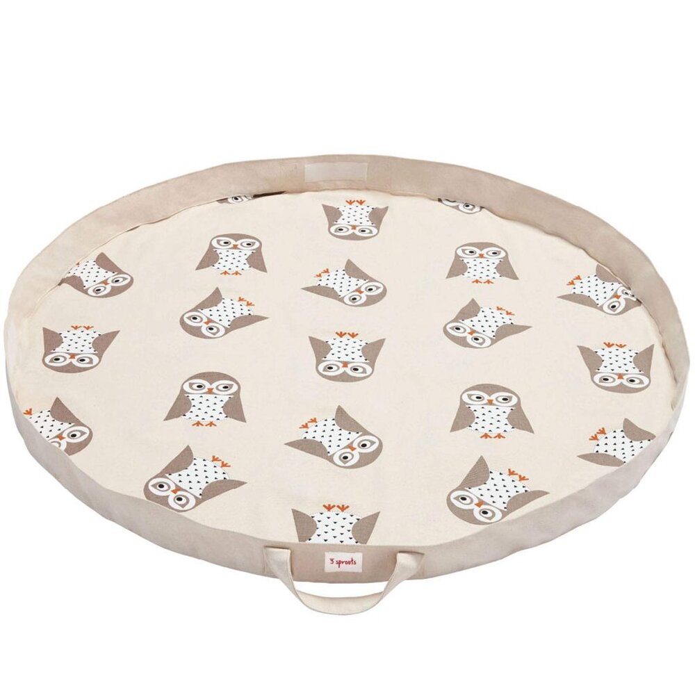 3 Sprouts Owl Play Mat – Round Storage Bag for Toys – Beige with Owl Print